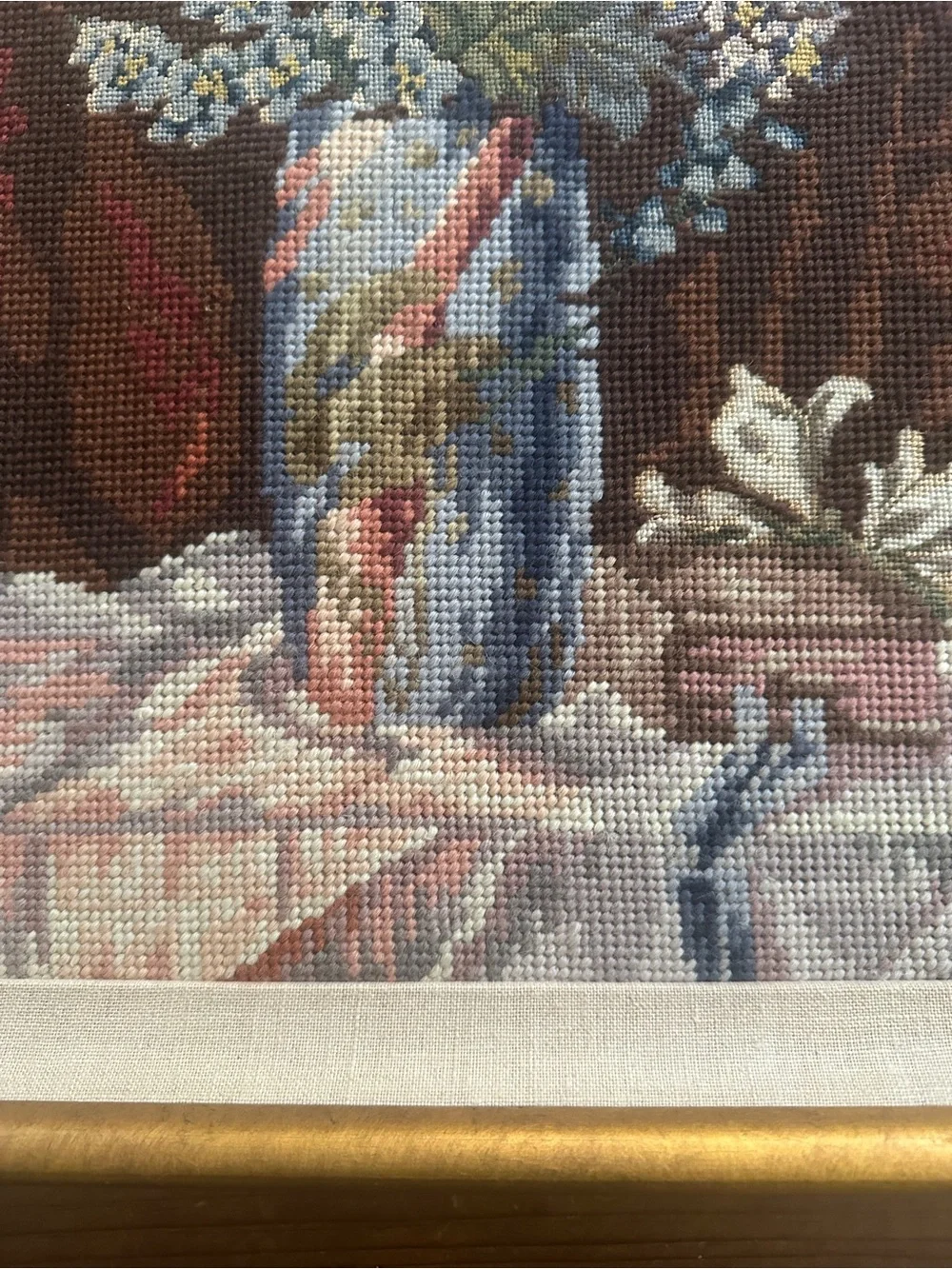 VINTAGE Framed Floral Needlepoint Art in Gold Frame- size 20-1/2” long x 15”wide